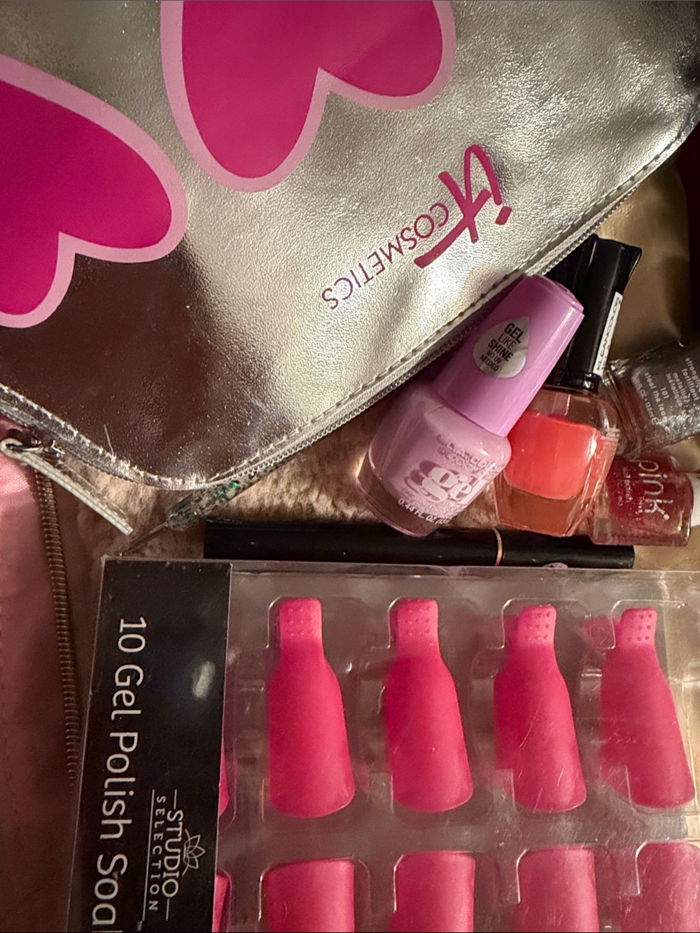 Pink Heart Cosmetic Bag with Nail Polish & Gel probably soak off clips